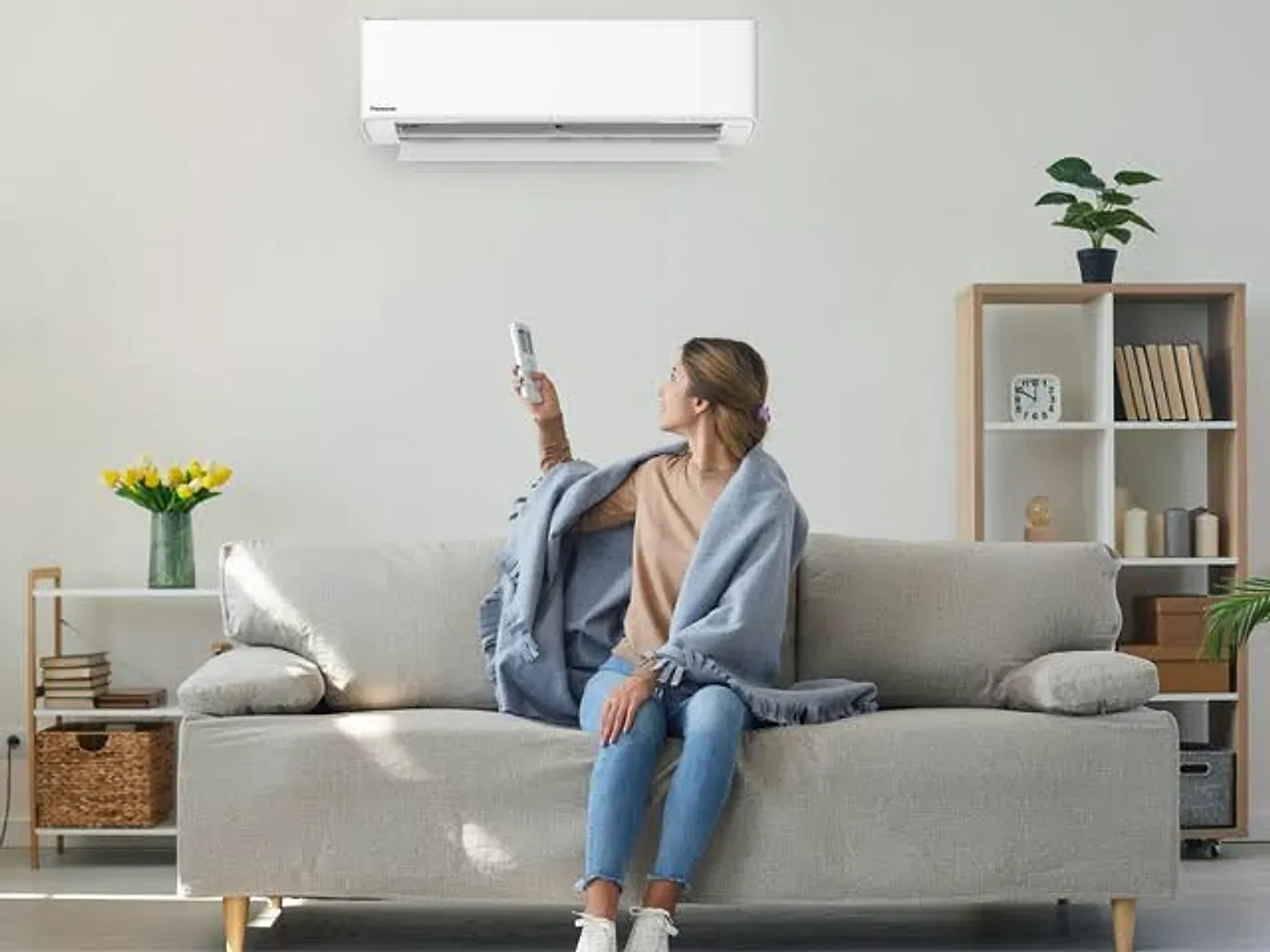 A slim wall-mounted air conditioning indoor unit in a bright modern living room