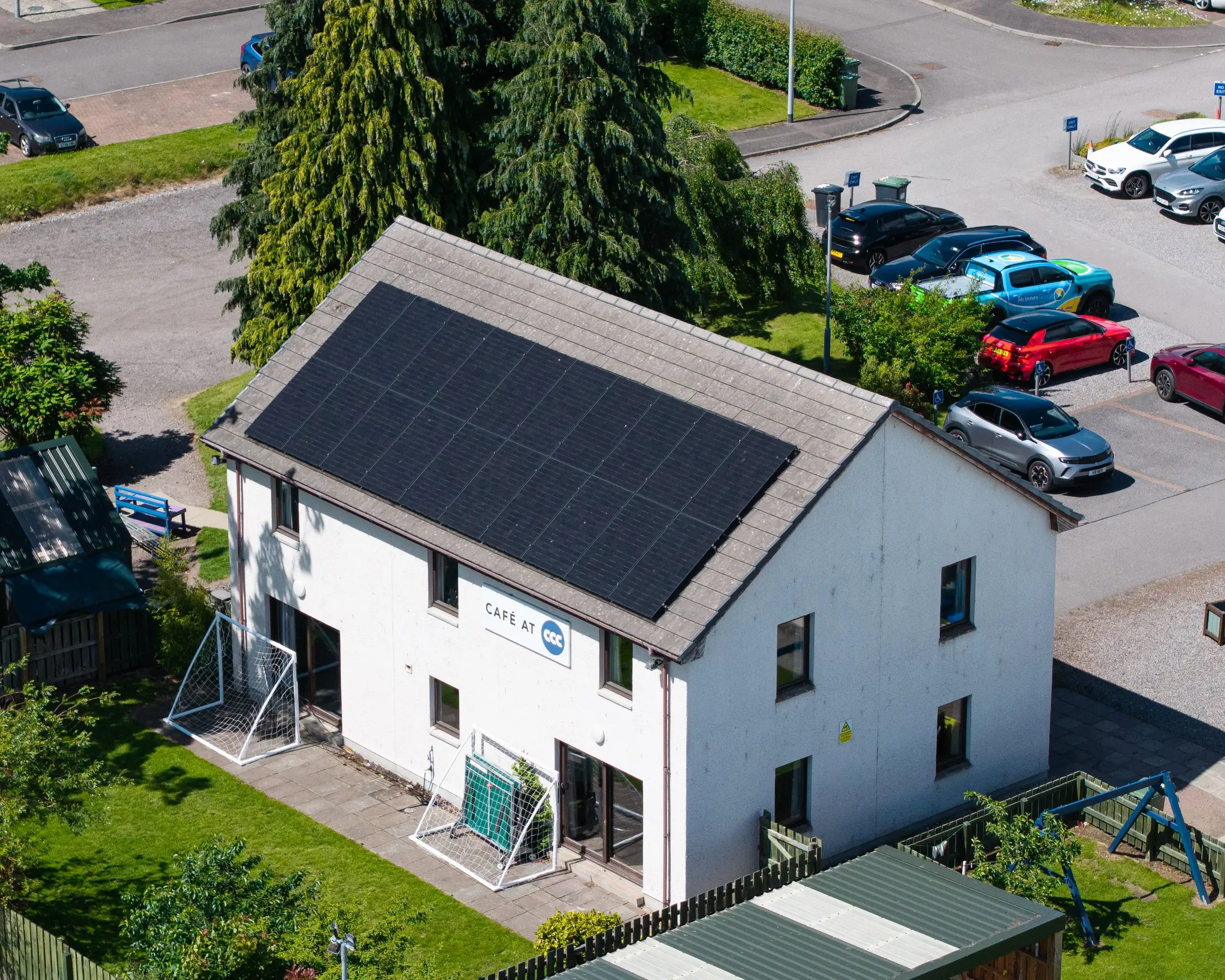 Drone view of a full solar array installed by McInnes Group on a community building