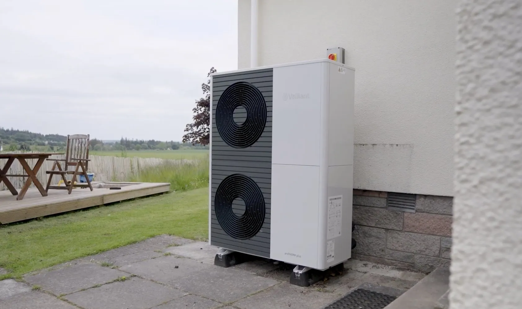 Vaillant Arotherm Plus 12kW air source heat pump unit installed at the side of our Evanton customer's home