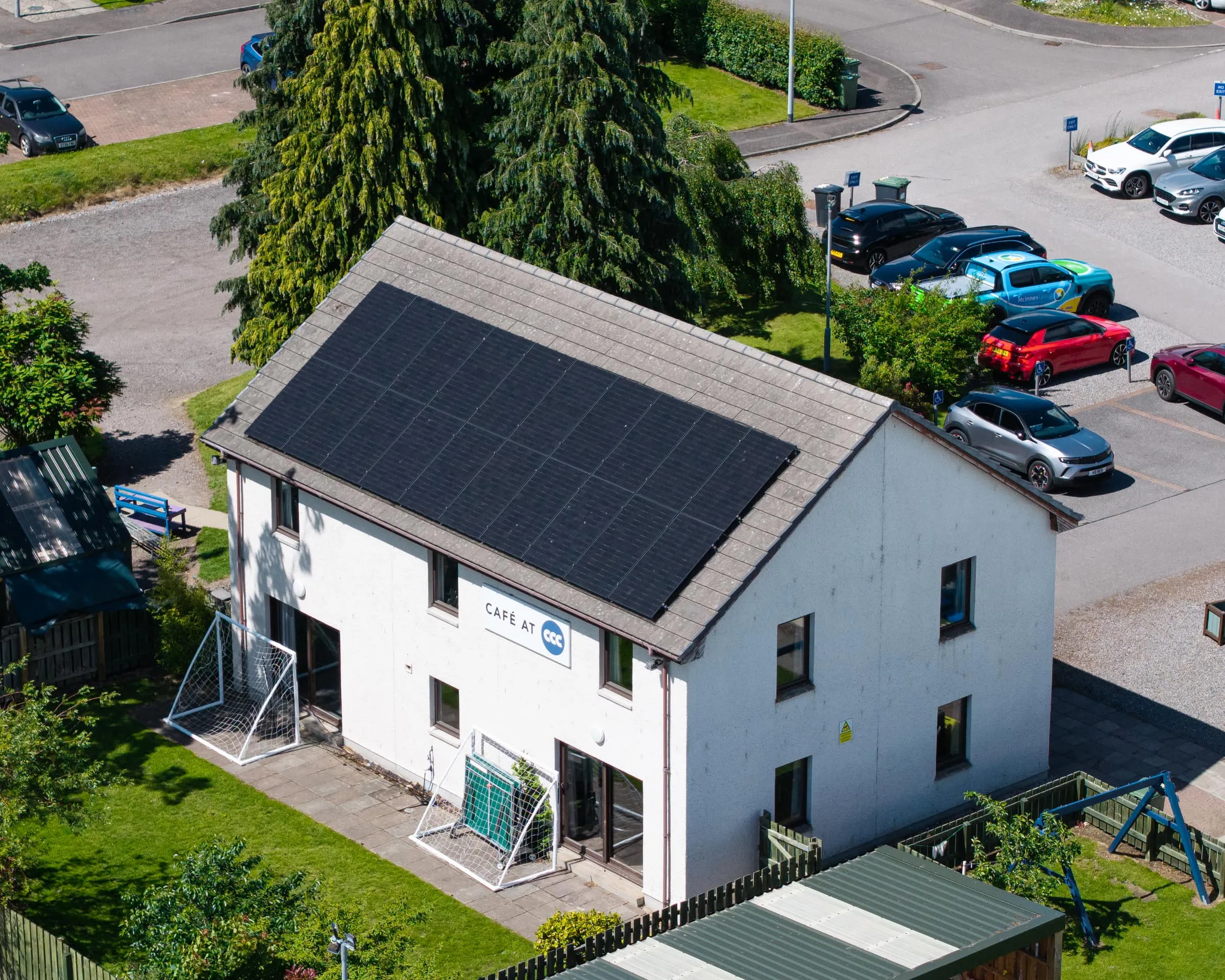 Aerial view of the community centre solar install